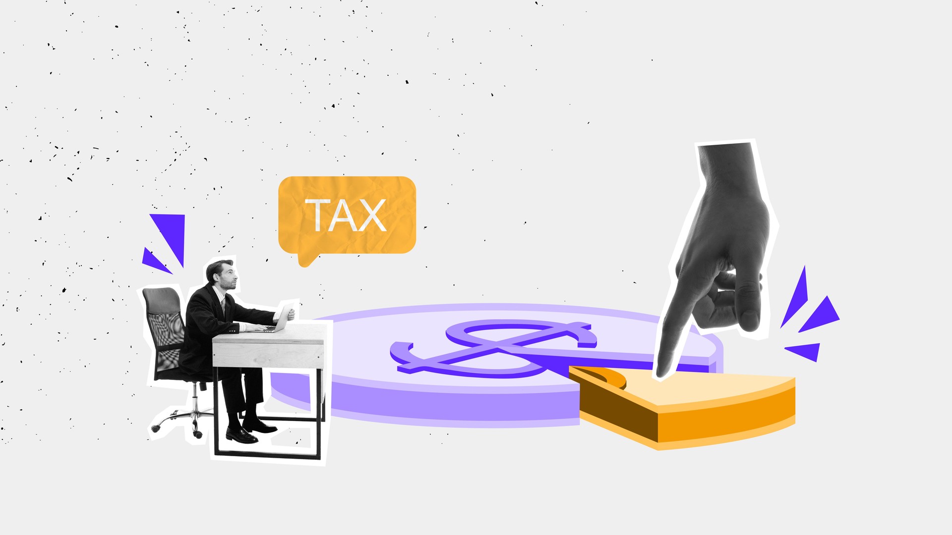 Graphic art composition. hand points at tax pie chart near professional, showing process of tax allocation, budgeting, and financial oversight.