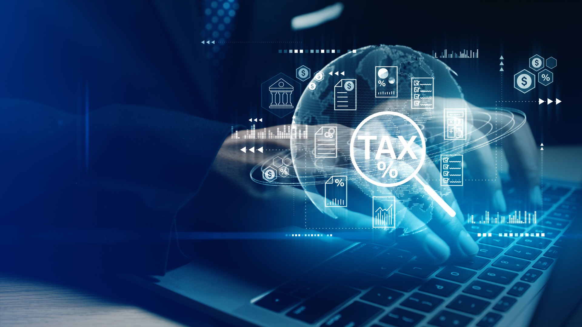 Businessman using laptop with virtual digital tax icons, charts, and data management tools. Ideal for fintech, tax filing, and online accounting themes. 3d Rendering